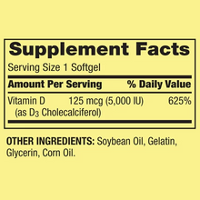 Cargar imagen en el visor de la galería, Vitamina D3, 125 mcg (5,000 IU), Spring Valley, 100 cápsulas