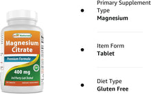 Cargar imagen en el visor de la galería, Citrato de Magnesio, 400mg, 250 tabletas, Best Naturals, estrés, relajación, estreñimiento, mejora el sueño