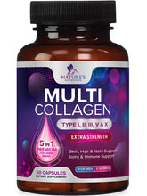 Cargar imagen en el visor de la galería, Multi Colageno: 5 tipos diferentes de colágeno (I, II, III, V, X). Apoya la salud de pelo, piel, uñas, articulaciones y defensas. 60 cápsulas extrafuertes.