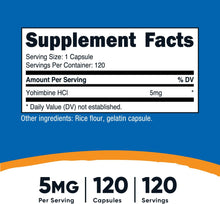 Cargar imagen en el visor de la galería, Yohimbine HCl 5mg, 120 cápsulas. Mejora salud sexual, afrodisiaco, disfunción erectil, uso en hombre y mujeres Nutricost