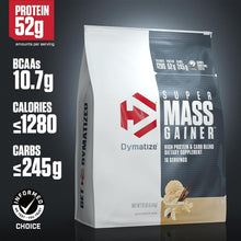 Cargar imagen en el visor de la galería, Dymatize Super Mass Gainer Proteína en polvo, Vainilla gourmet, 52g de proteína, 1g de creatina, 1280 calorías, 10.7g de BCAA, 245g de carbohidratos, contiene proteína de suero, aislado y caseína, 12 libras