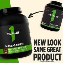 Cargar imagen en el visor de la galería, Proteina MASS GAINER, Rule 1, Fórmula hipercalórica para el aumento de peso con más de 1,220 calorías, más de 250 g de mezcla de carbohidratos complejos y 40 g de proteína 100% de suero por porción, 5.73 libras, varios sabores disponibles