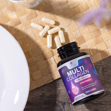 Cargar imagen en el visor de la galería, Multi Colageno: 5 tipos diferentes de colágeno (I, II, III, V, X). Apoya la salud de pelo, piel, uñas, articulaciones y defensas. 60 cápsulas extrafuertes.