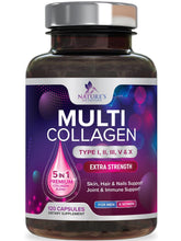 Cargar imagen en el visor de la galería, Multi Colageno: 5 tipos diferentes de colágeno (I, II, III, V, X). Apoya la salud de pelo, piel, uñas, articulaciones y defensas. 120 cápsulas extrafuertes.