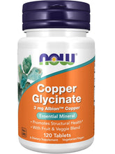 Cargar imagen en el visor de la galería, Glicinato de Cobre NOW Foods 3 mg Albion, 120 Tabletas | Mineral Esencial para la Salud Ósea, Formación de Colágeno, Sistema Inmunológico y Tejidos Conectivos