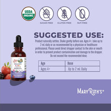 Cargar imagen en el visor de la galería, Probiótico líquido orgánico para niños MaryRuth's, USDA, sabor frutos rojos, 59 ml. Salud intestinal, probióticos para la salud digestiva, suplemento para el sistema inmunitario, probiótico para niños, con 2 mil millones de UFC, vegano, sin OGM.
