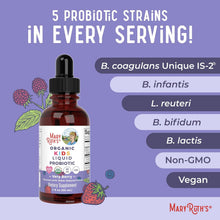Cargar imagen en el visor de la galería, Probiótico líquido orgánico para niños MaryRuth's, USDA, sabor frutos rojos, 59 ml. Salud intestinal, probióticos para la salud digestiva, suplemento para el sistema inmunitario, probiótico para niños, con 2 mil millones de UFC, vegano, sin OGM.