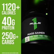 Cargar imagen en el visor de la galería, Proteina MASS GAINER, Rule 1, Fórmula hipercalórica para el aumento de peso con más de 1,220 calorías, más de 250 g de mezcla de carbohidratos complejos y 40 g de proteína 100% de suero por porción, 5.73 libras, varios sabores disponibles