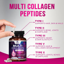 Cargar imagen en el visor de la galería, Multi Colageno: 5 tipos diferentes de colágeno (I, II, III, V, X). Apoya la salud de pelo, piel, uñas, articulaciones y defensas. 60 cápsulas extrafuertes.