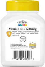 Cargar imagen en el visor de la galería, Vitamina B-12, 500 mcg, 21 Century, 110 tabletas