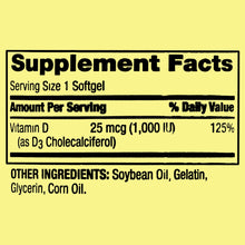 Cargar imagen en el visor de la galería, Vitamina D3, 25 mcg (1000 IU). Spring Valley. Varios tamaños disponibles (De 100 y de 450 cápsulas)