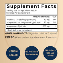 Cargar imagen en el visor de la galería, Glicinato de magnesio, 500 mg, 100 % quelado y purificado, probado por terceros, sin OGM y sin gluten, 240 cápsulas