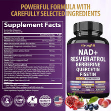 Cargar imagen en el visor de la galería, NAD+, Resveratrol, con Berberina, Quercetina, CoQ10, Fórmula 18 en 1, antienvejecimiento para mujeres y hombres, 60 cápsulas
