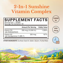 Cargar imagen en el visor de la galería, Vitamina D3 + Viatmina K2. (D3+K2), D3 de 10,000 IU + K2 de 200 mcg, ayuda a la salud de los huesos, dientes, y sistema inmune