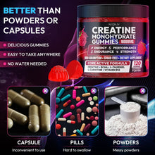 Cargar imagen en el visor de la galería, Gomitas de creatina monohidrato, 9000 mg, pre-entrenamiento para hombres y mujeres, gomita de creatina con L-taurina, BCAA 2:1, B12, para apoyo muscular, mejorar la fuerza, 120 gomitas