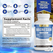 Cargar imagen en el visor de la galería, Complejo de magnesio (Magnesium Complex) de 1000 mg para mujeres y hombres, 8 elementos elementales con glicinato de magnesio, citrato, malato, taurato, óxido, carbonato, aspartato, orotato para huesos, músculo, 90 cápsulas