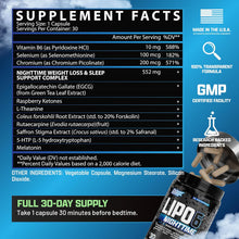 Cargar imagen en el visor de la galería, LIPO 6 NOCHE, Quemador de grasa nocturno Lipo 6 | Pastillas dietéticas para bajar de peso para hombres y mujeres con apoyo para dormir | Supresor del apetito potenciador del metabolismo nocturno | 30 servicios