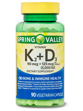 Cargar imagen en el visor de la galería, K2+D3 : Vitamina K2 y Vitamina D3. Spring Valley. 90 cápsulas