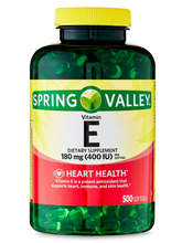 Cargar imagen en el visor de la galería, Vitamina E, 180 mg (400 IU) antioxidante, defensas, piel y corazón. Spring Valley. 500 cápsulas