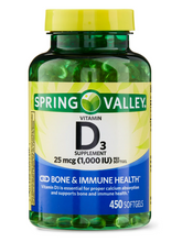 Cargar imagen en el visor de la galería, Vitamina D3, 25 mcg (1000 IU). Spring Valley. Varios tamaños disponibles (De 100 y de 450 cápsulas)
