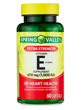 Cargar imagen en el visor de la galería, VITAMINA E, 670mg 1,000 IU , extra fuerte, antioxidante, piel, reproducción, visión, corazón, cerebro. Spring Valley. 60 cápsulas.