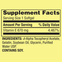 Cargar imagen en el visor de la galería, VITAMINA E, 670mg 1,000 IU , extra fuerte, antioxidante, piel, reproducción, visión, corazón, cerebro. Spring Valley. 60 cápsulas.