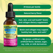 Cargar imagen en el visor de la galería, Biotin y Colágeno en gotas. Spring Valley. 29 dosis