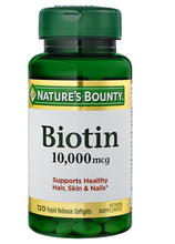 Cargar imagen en el visor de la galería, Biotina 10,000 mcg, salud de cabello, piel, uñas, energía. Nature's Bounty. 250 softgels