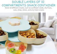 Cargar imagen en el visor de la galería, Bandeja giratoria para servir aperitivos con forma de pétalo, 10 recipientes seccionales divididos para dulces con soporte para teléfono para nueces y dulces secos (azul)✅️