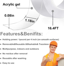 Cargar imagen en el visor de la galería, Cinta adhesiva doble cara, multiuso, transparente, extraíbles, cinta antideslizante para pegar pósteres, uso doméstico y oficina. 16.4 pies