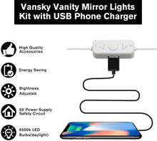 Cargar imagen en el visor de la galería, Set de luces Led para espejo con regulador de intensidad y cargador de teléfono USB.