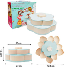 Cargar imagen en el visor de la galería, Bandeja giratoria para servir aperitivos con forma de pétalo, 10 recipientes seccionales divididos para dulces con soporte para teléfono para nueces y dulces secos (azul)✅️
