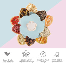 Cargar imagen en el visor de la galería, Bandeja giratoria para servir aperitivos con forma de pétalo, 10 recipientes seccionales divididos para dulces con soporte para teléfono para nueces y dulces secos (azul)✅️