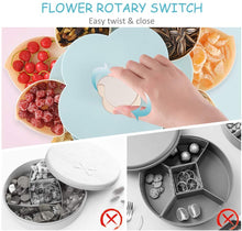 Cargar imagen en el visor de la galería, Bandeja giratoria para servir aperitivos con forma de pétalo, 10 recipientes seccionales divididos para dulces con soporte para teléfono para nueces y dulces secos (azul)✅️