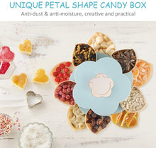 Cargar imagen en el visor de la galería, Bandeja giratoria para servir aperitivos con forma de pétalo, 10 recipientes seccionales divididos para dulces con soporte para teléfono para nueces y dulces secos (azul)✅️