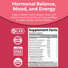 Cargar imagen en el visor de la galería, Suplemento natural para la menopausia, perfectos para el equilibrio hormonal, la sudoración nocturna y los sofocos, alivio de la menopausia, con resveratrol. 60 cápsulas.
