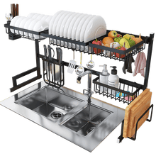 Cargar imagen en el visor de la galería, Escurridor de platos para colocar sobre el fregadero, ancho ajustable (para fregaderos de 32 - 40 pulgadas,) hecho de acero inoxidable, color negro