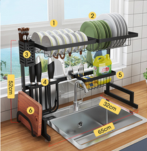 Cargar imagen en el visor de la galería, Escurridor de platos para colocar sobre el fregadero, ancho ajustable (para fregaderos de 32 - 40 pulgadas,) hecho de acero inoxidable, color negro