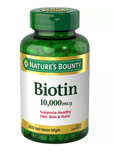Cargar imagen en el visor de la galería, Biotina 10,000 mcg, salud de cabello, piel, uñas, energía. Nature's Bounty. 250 softgels
