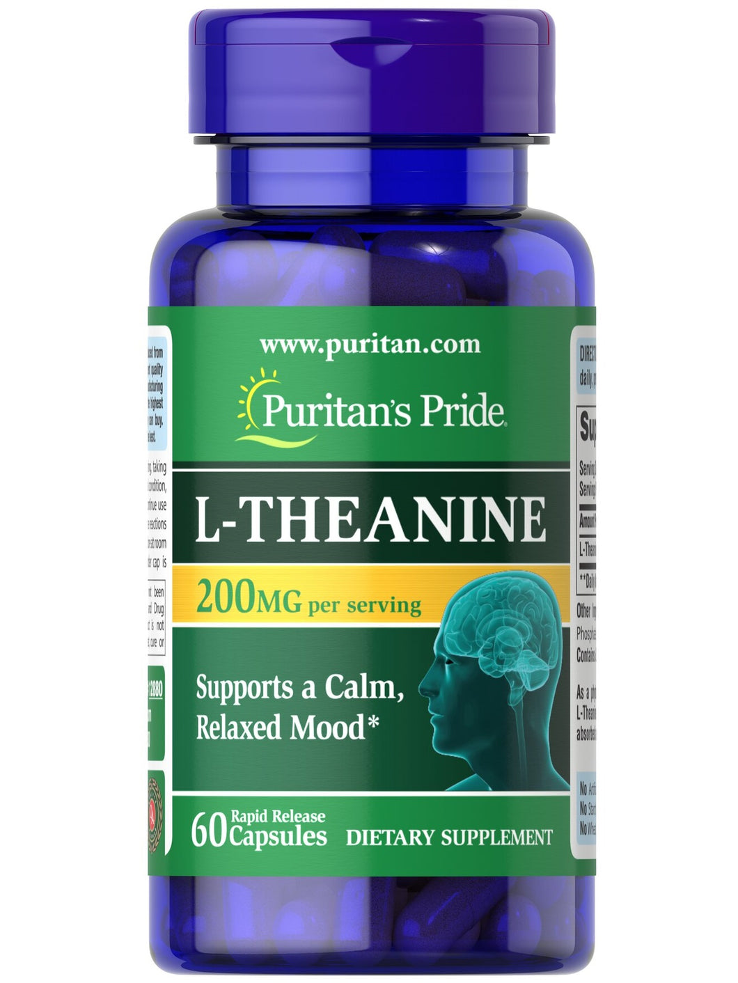 L-Teanina, 200mg, sueño, relajación, función cerebral. Puritan’s Pride. 60  cápsulas