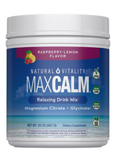 Cargar imagen en el visor de la galería, MAXCALM | Natural Vitality Calm, Suplemento de Citrato mas Glicinato de Magnesio, Polvo para bebida antiestrés, Sin gluten, Vegano y sin OGM, Sabor rambuesa y limón, 20 onzas (567 gramos), 142 servicios
