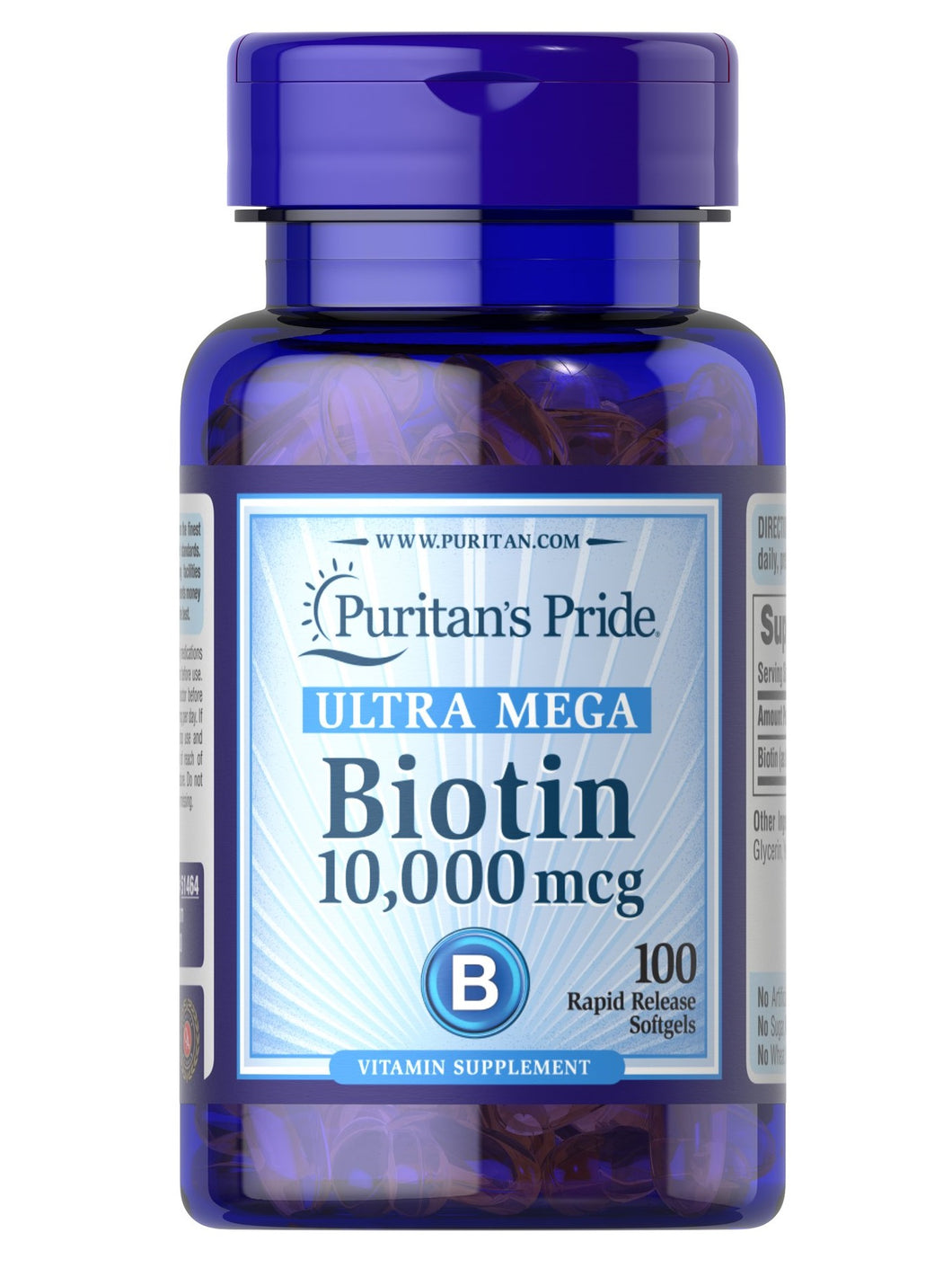 Biotina de 10,000 mcg. Puritan’s Pride. Presentaciones de 50 y de 100 cápsulas