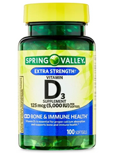 Cargar imagen en el visor de la galería, Vitamina D3, 125 mcg (5,000 IU), Spring Valley, 100 cápsulas
