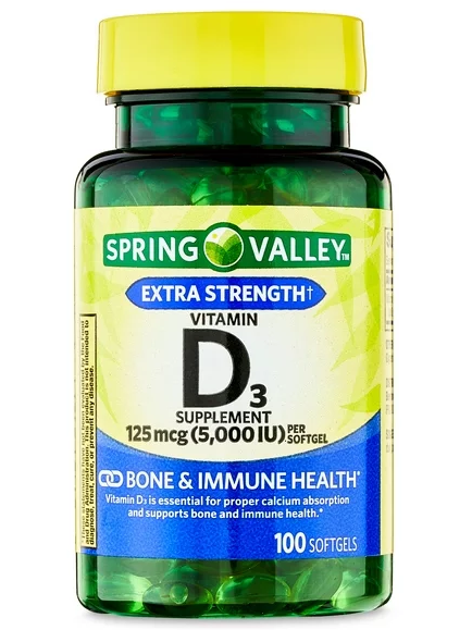 Vitamina D3, 125 mcg (5,000 IU), Spring Valley, 100 cápsulas