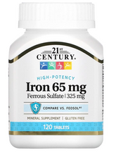 Cargar imagen en el visor de la galería, Hierro, 65 mg, 21 Century, 120 tabletas

