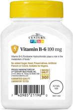 Cargar imagen en el visor de la galería, Vitamina B6, 100 mg, 21 Century, 110 tabletas
