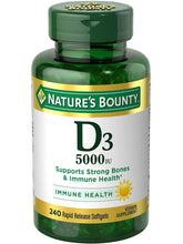 Cargar imagen en el visor de la galería, Vitamina D3. Apoya los huesos y el sistema inmunológico. 5000 IU (125 mcg). Nature’s Bounty. 240 cápsulas
