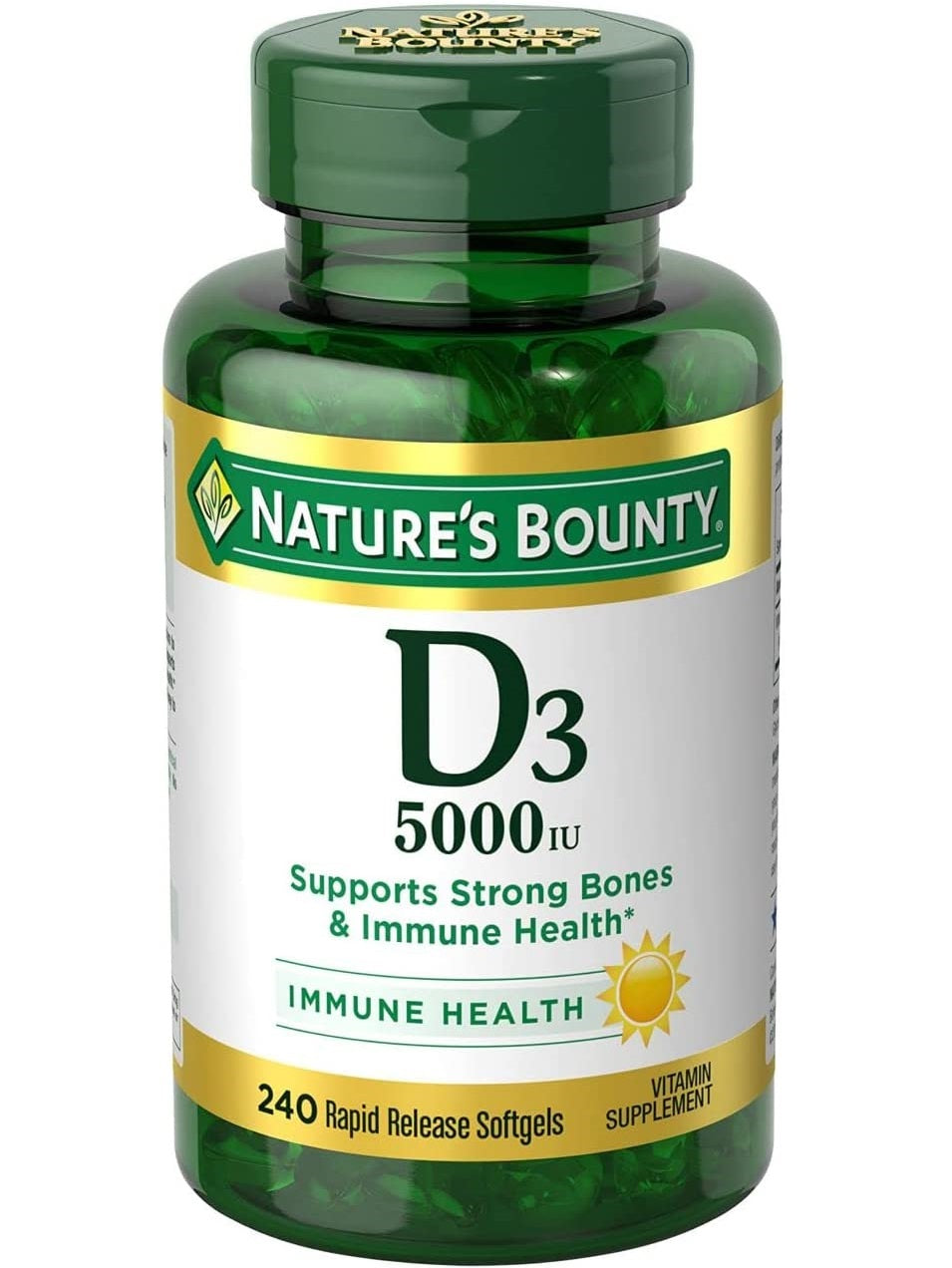 Vitamina D3. Apoya los huesos y el sistema inmunológico. 5000 IU (125 mcg). Nature’s Bounty. 240 cápsulas