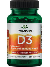 Cargar imagen en el visor de la galería, Vitamina D3, 5000 IU (125 mcg), Swanson, 250 cápsulas
