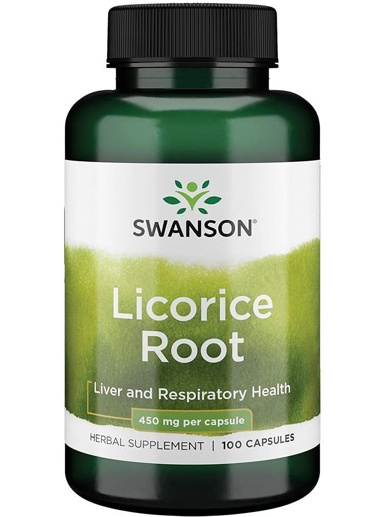 Raíz de regaliz (licorice root), antiinflamatorio, antiséptico, antimicrobiano. Swanson, 450 mg, 100 cápsulas
